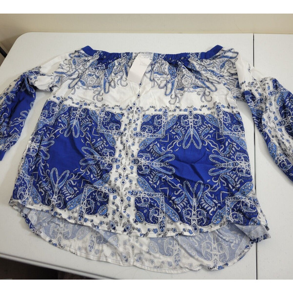 NWT Roaman's Blue Paisley Print Long Sleeve Peasant Casual Top Off Shoulder 20W - Picture 8 of 10